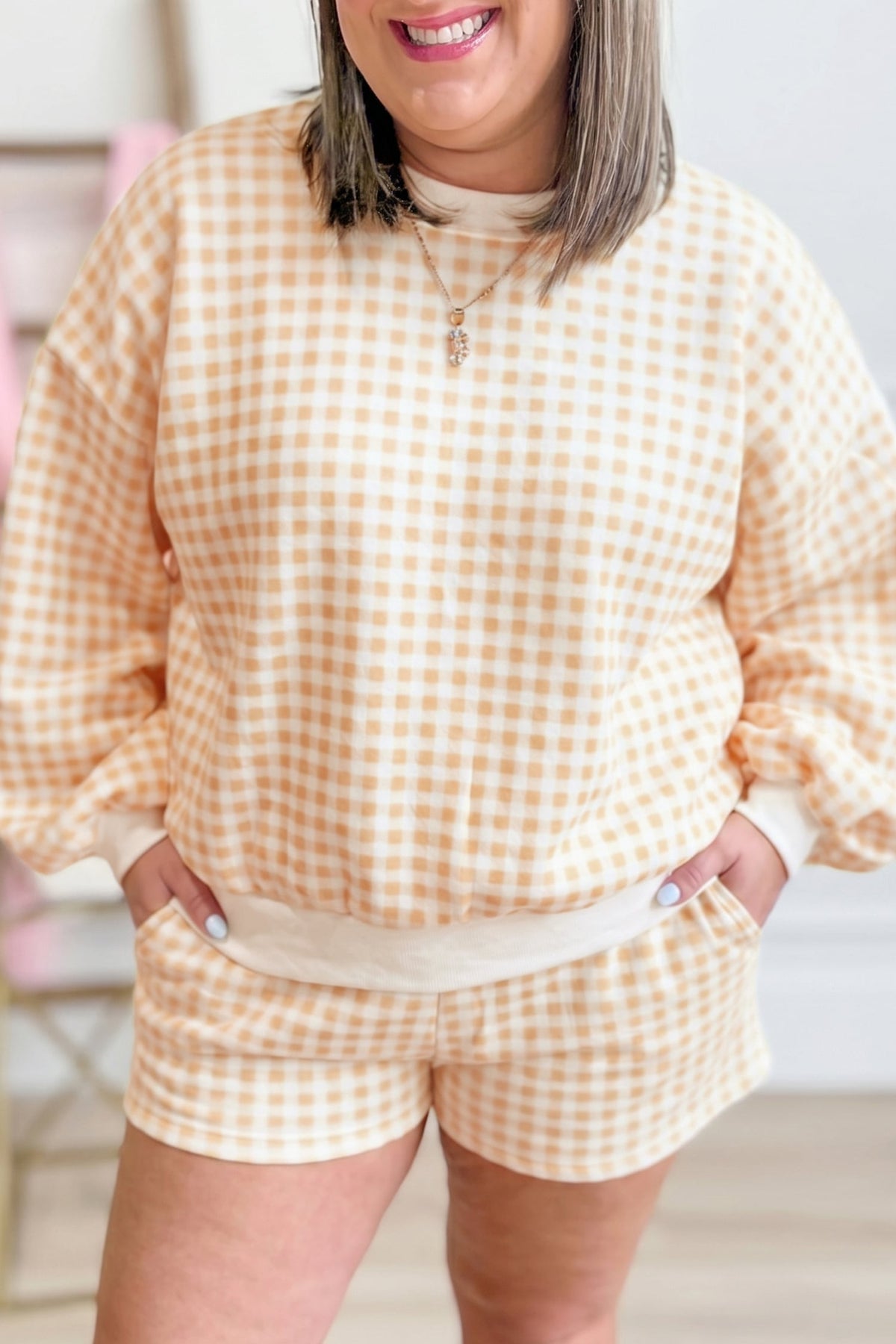 Yellow Gingham Loose Pullover Top Drawstring Shorts Plus Size Set