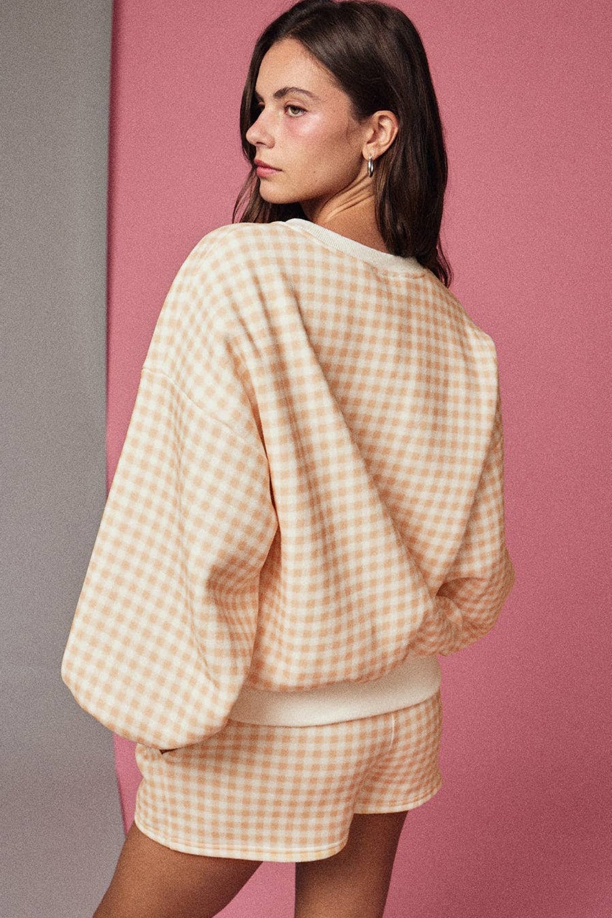 Yellow Gingham Loose Pullover Top Drawstring Shorts Plus Size Set