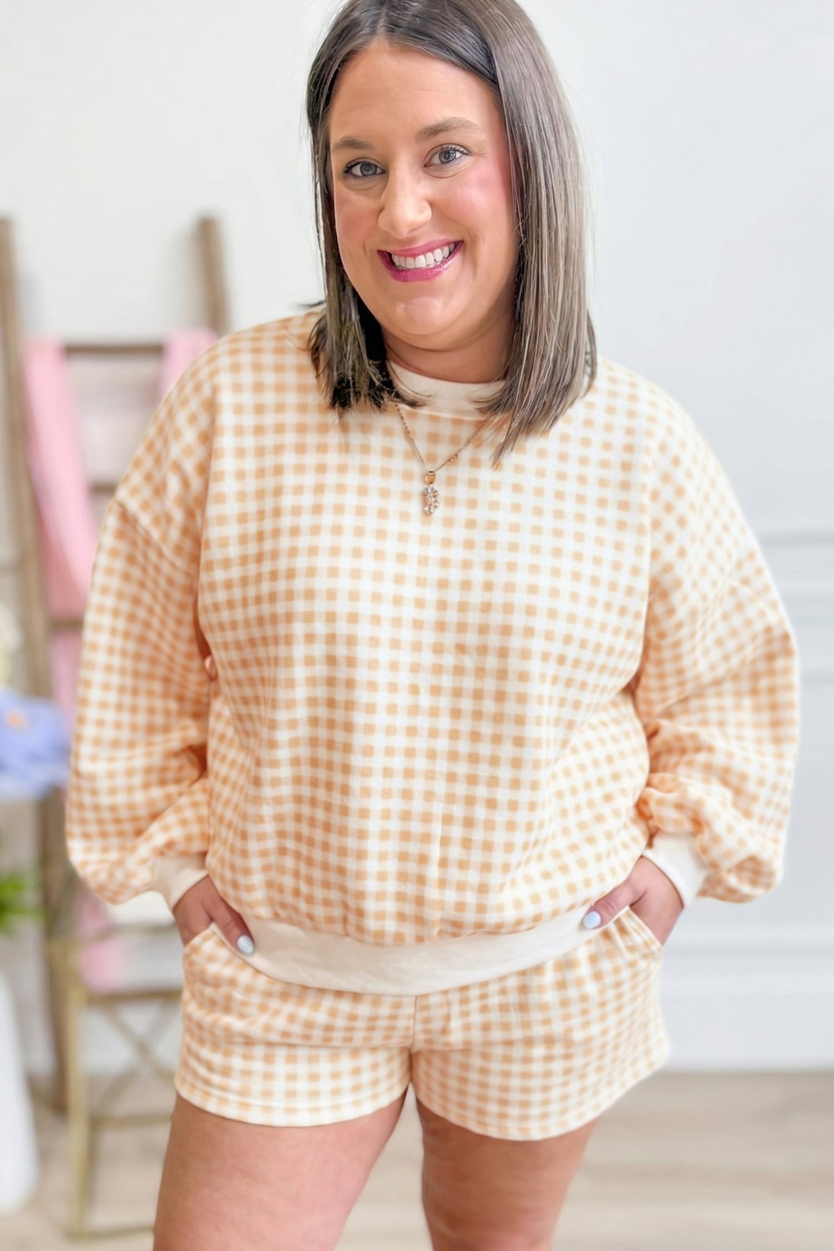 Yellow Gingham Loose Pullover Top Drawstring Shorts Plus Size Set
