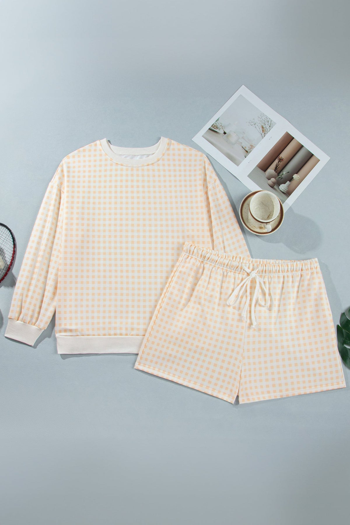 Yellow Gingham Loose Pullover Top Drawstring Shorts Plus Size Set