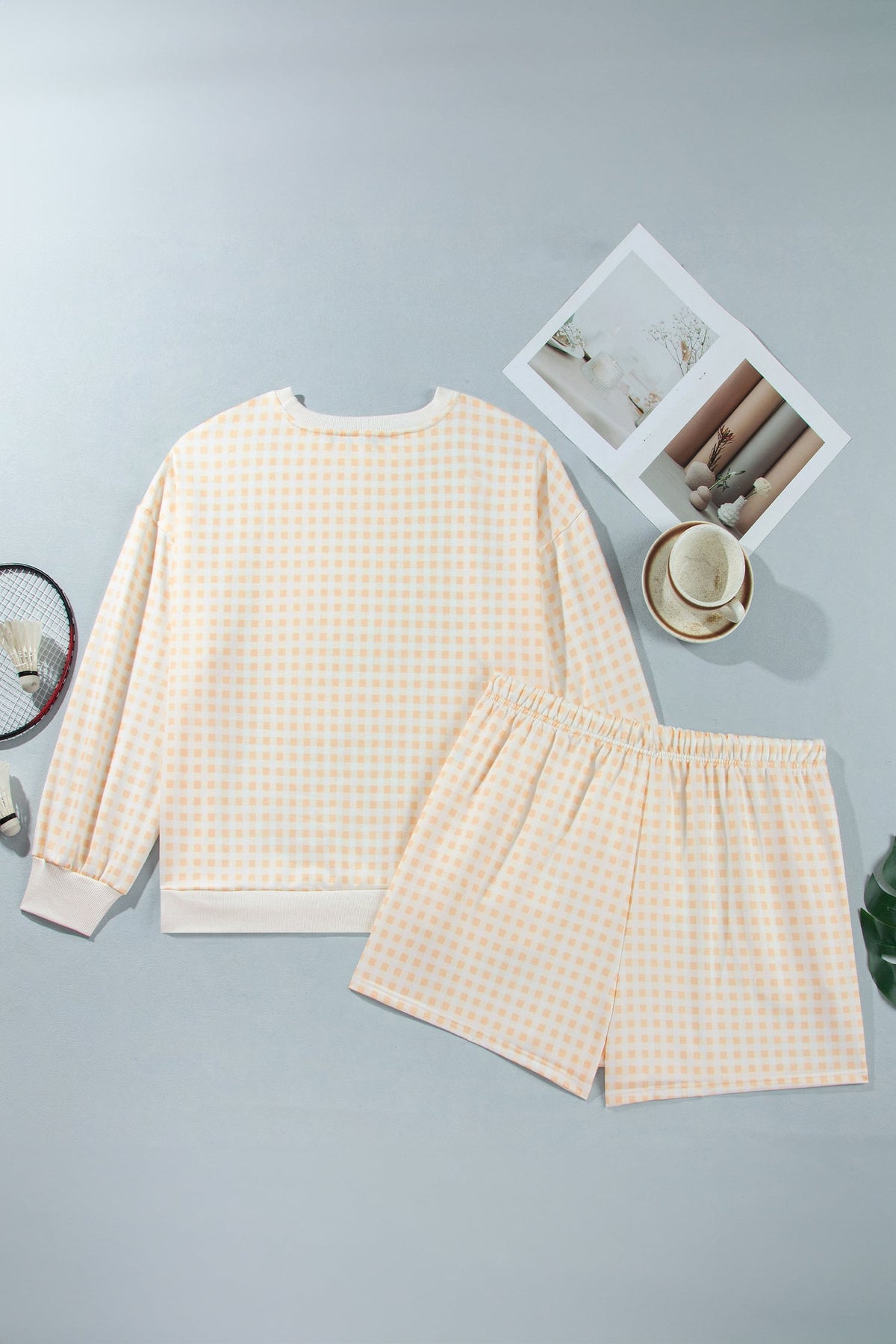 Yellow Gingham Loose Pullover Top Drawstring Shorts Plus Size Set