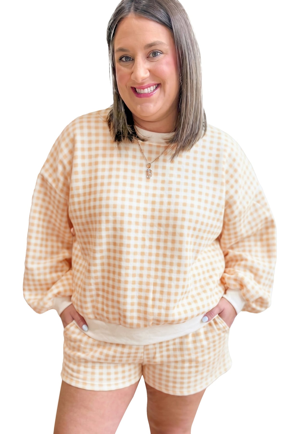 Yellow Gingham Loose Pullover Top Drawstring Shorts Plus Size Set