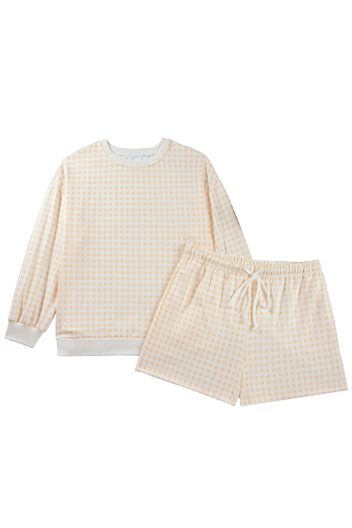 Yellow Gingham Loose Pullover Top Drawstring Shorts Plus Size Set