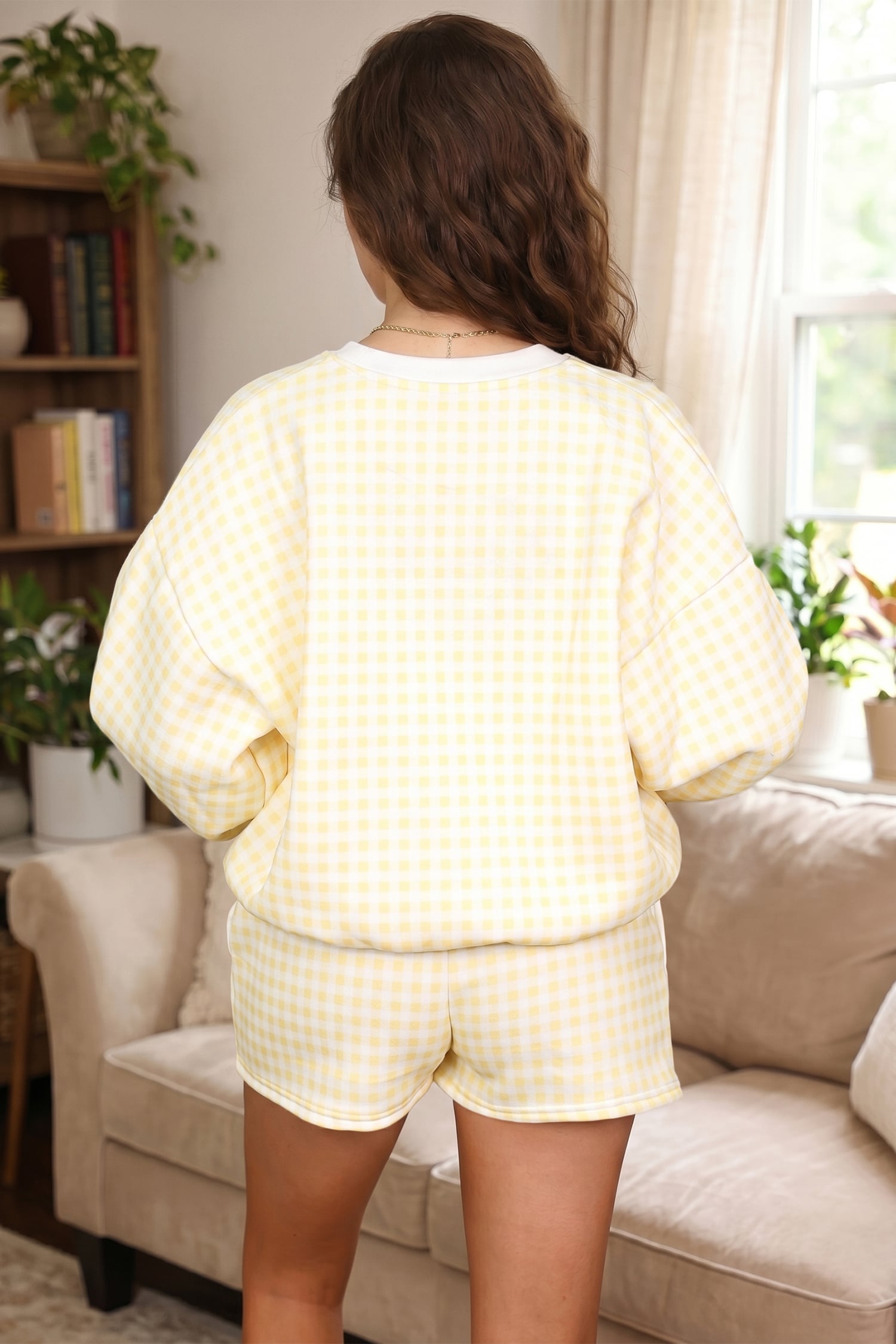 Yellow Plaid Baggy Pullover Drawstring Casual Shorts 2pcs Outfit