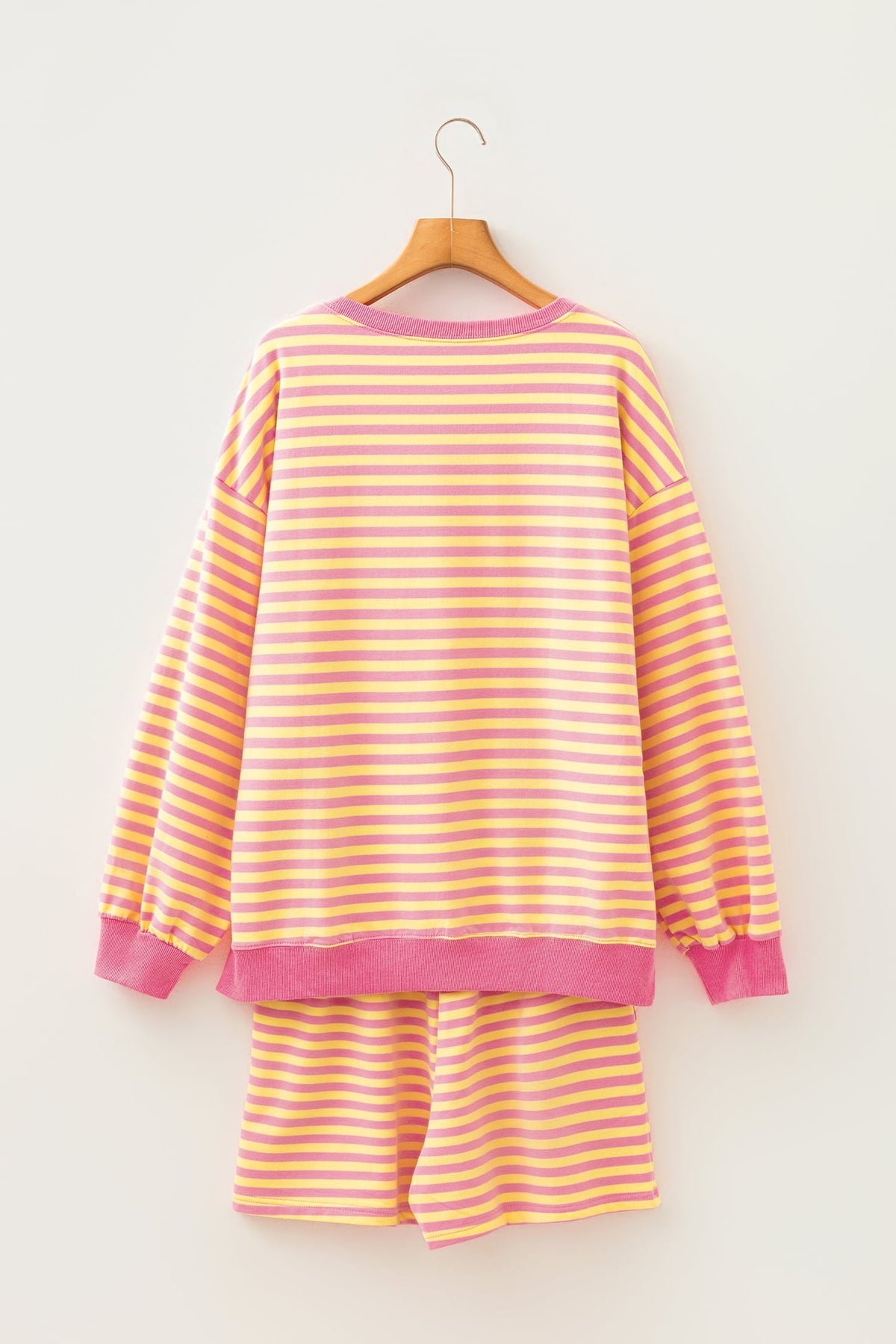Yellow Stripe Color Block Trim Round Neck Long Sleeve Top Casual Shorts 2pcs Set