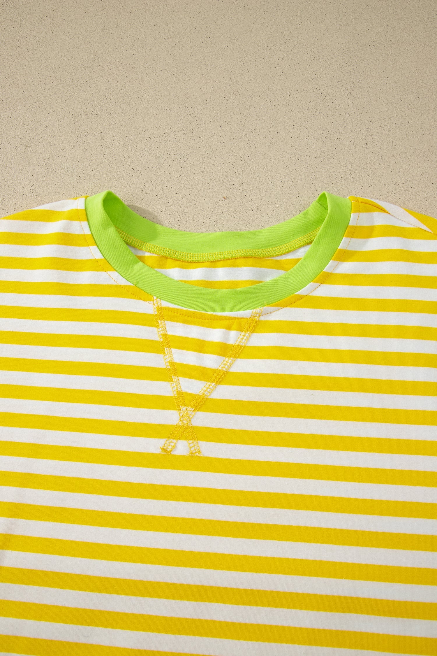 Yellow Stripe Contrast Neck Loose Tee and Drawstring Shorts Set
