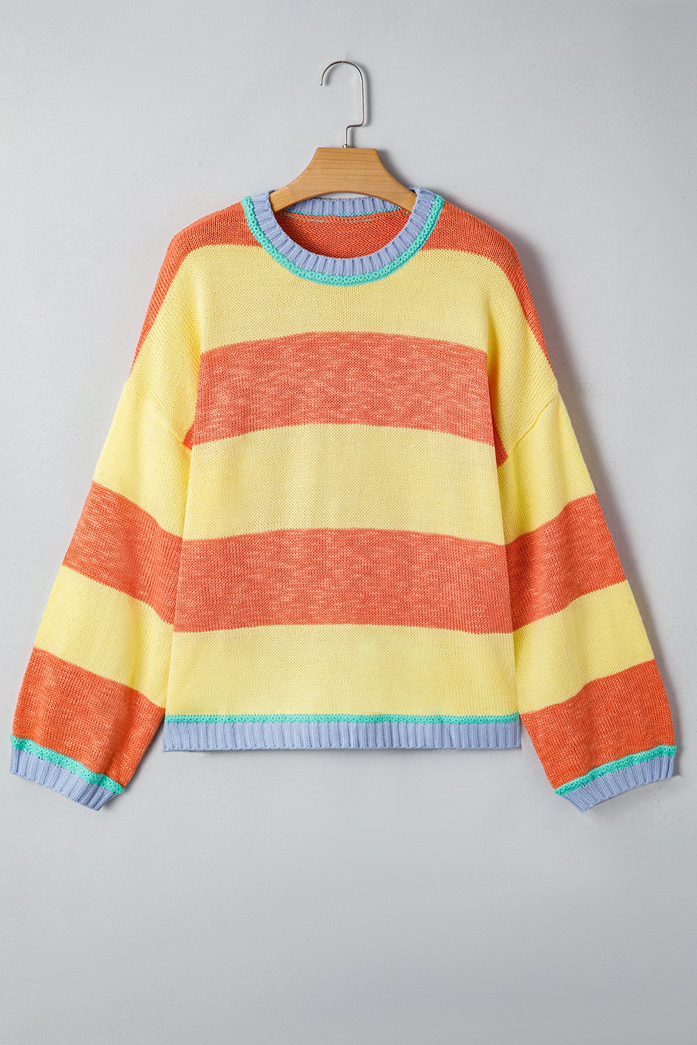 Yellow Stripe Contrasting Trim Round Neck Oversize Sweater