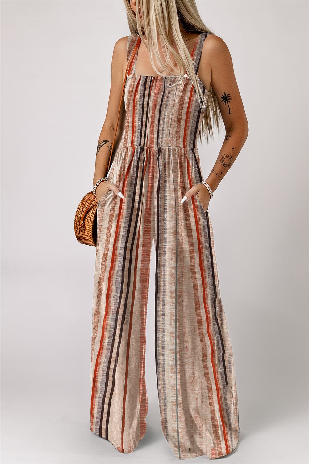 Yellow Stripe Square Neck Sleeveless Smocked Bodice Wide Leg Jumpsuit