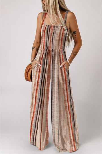 Yellow Stripe Square Neck Sleeveless Smocked Bodice Wide Leg Jumpsuit