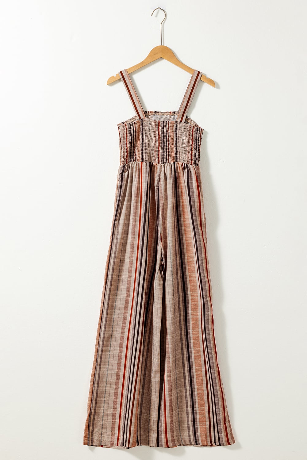 Yellow Stripe Square Neck Sleeveless Smocked Bodice Wide Leg Jumpsuit