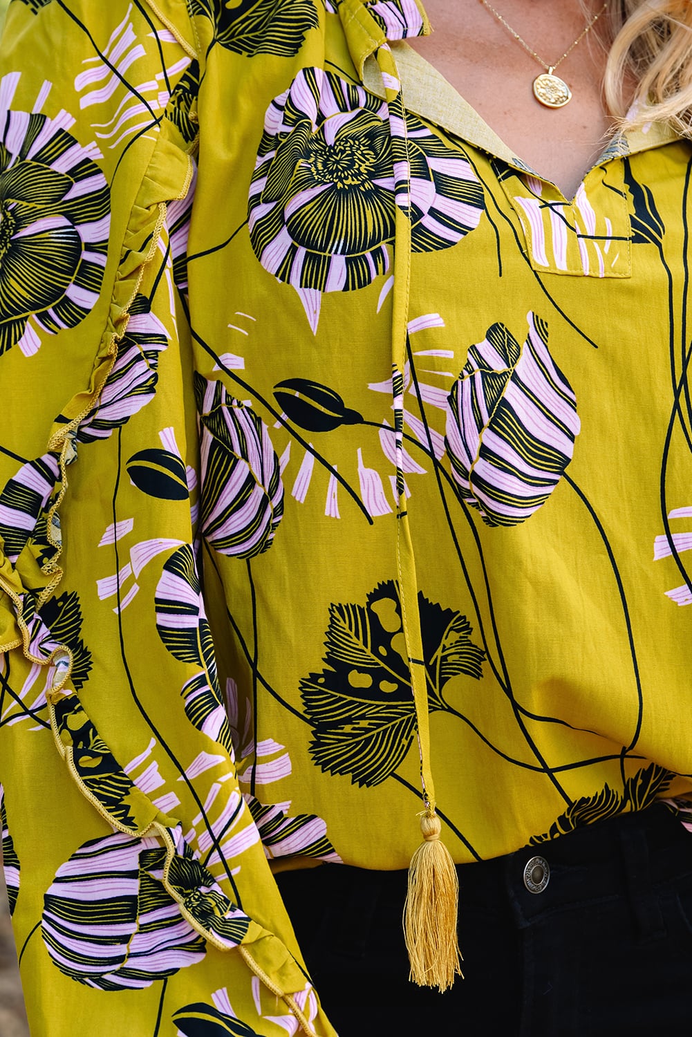 Yellow Vintage Floral V Neck Ruffle Trim Long Sleeve Blouse